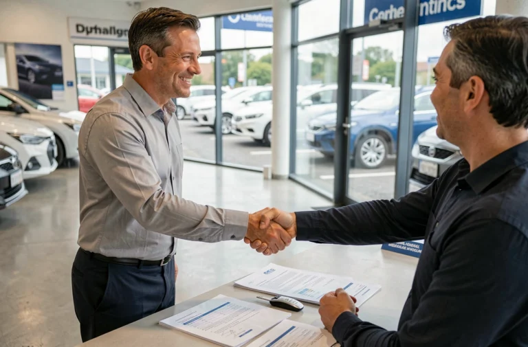 Un homme signe un accord d'achat de voiture avec un vendeur dans une concession automobile moderne