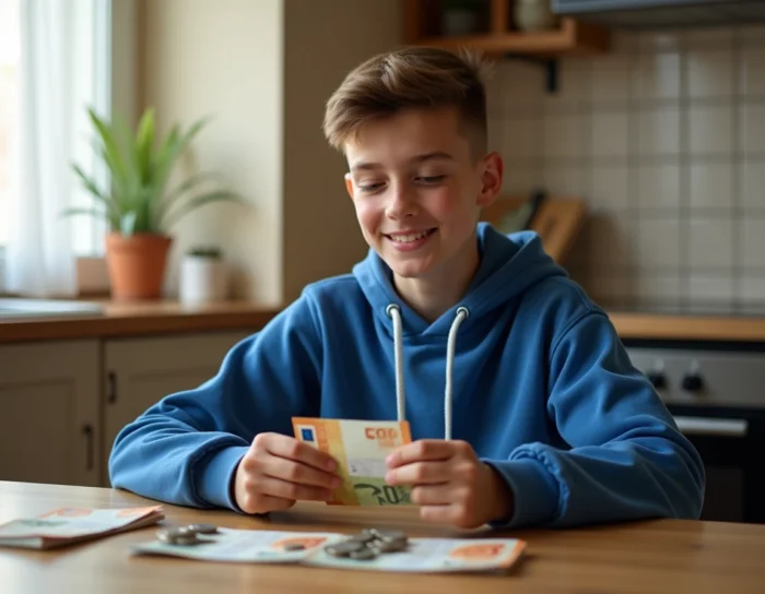 Adolescent de 15 ans qui compte ses économies sur une table de cuisine en bois, billets et pièces d'euros visibles