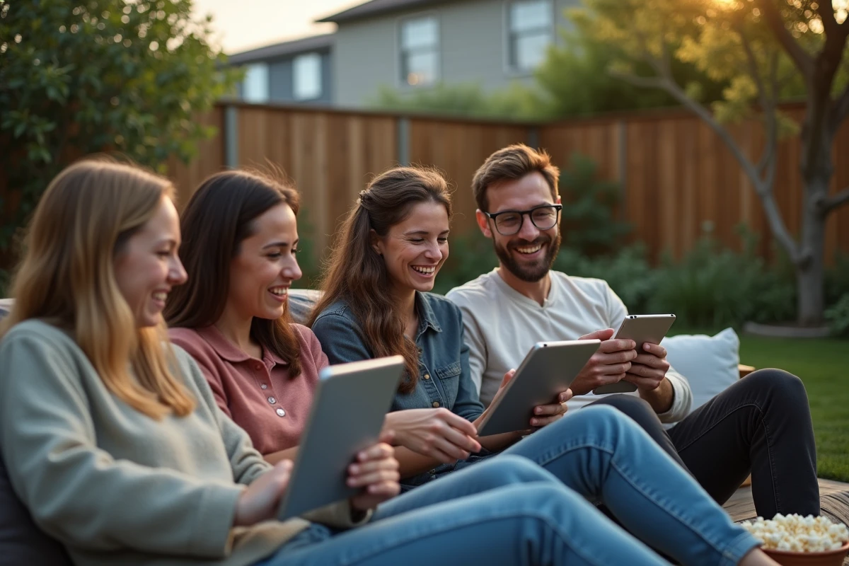 Trois amis regardant des tablettes dans un jardin convivial