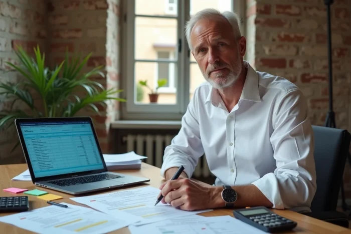 Investisseur immobilier analysant les documents fiscaux liés à la prolongation du Scellier intermédiaire après neuf ans dans un bureau à domicile.