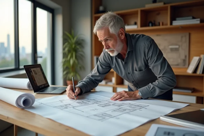 Architecte sur-mesure étudiant des plans de projet immobilier dans un bureau moderne avec baies vitrées