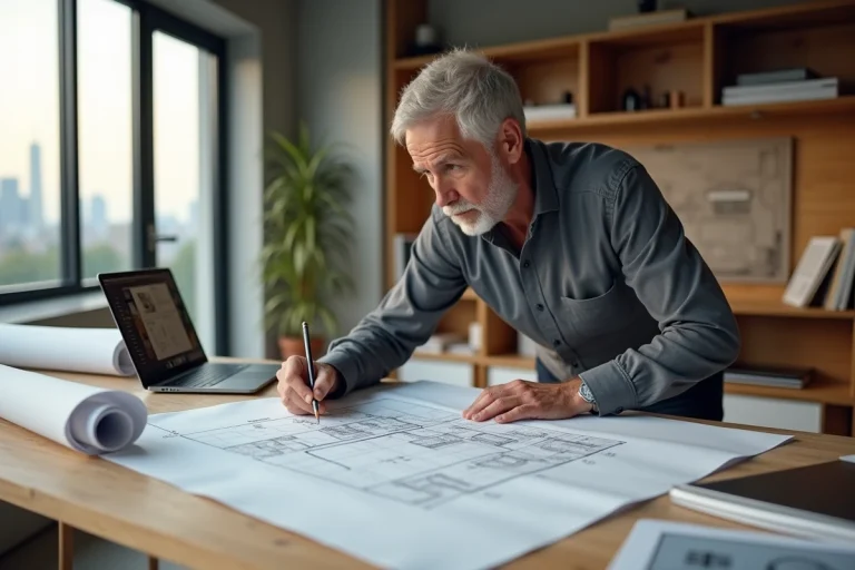 Architecte sur-mesure étudiant des plans de projet immobilier dans un bureau moderne avec baies vitrées