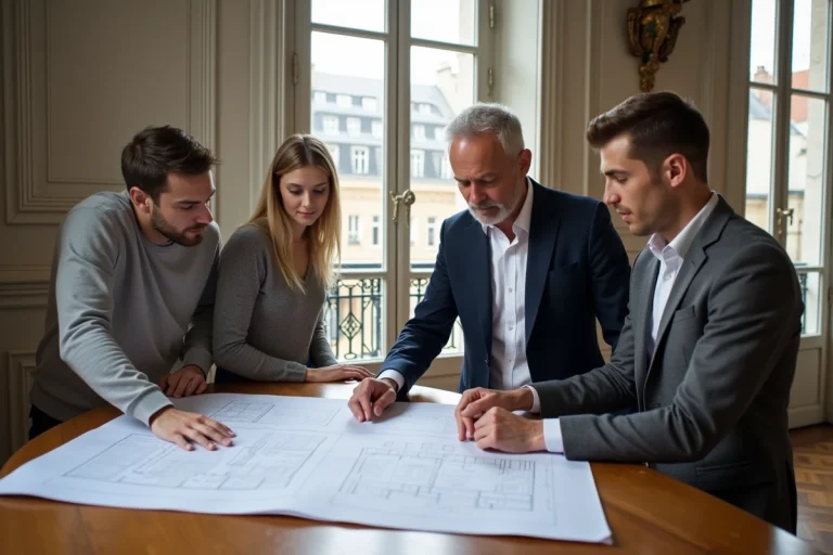 Architecte et couple dans un appartement parisien lumineux