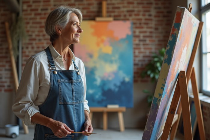 Femme artiste dans son atelier en train de peindre