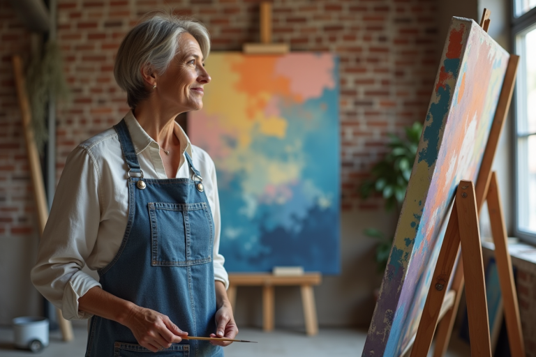 Femme artiste dans son atelier en train de peindre