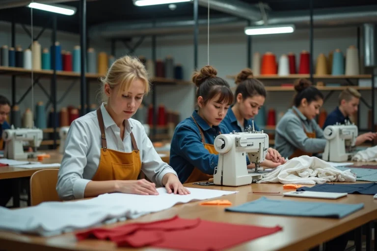 Groupe de femmes et hommes cousant dans un atelier textile moderne
