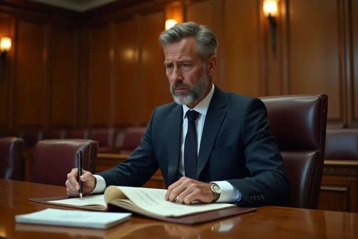 Avocat devant le JAF examinant un dossier à côté d'une chaise vide symbolisant l'absence d'une partie à l'audience judiciaire