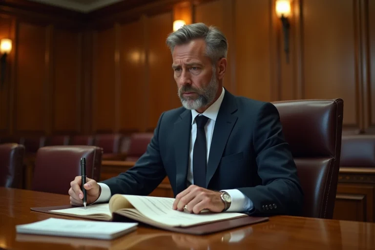 Avocat devant le JAF examinant un dossier à côté d'une chaise vide symbolisant l'absence d'une partie à l'audience judiciaire