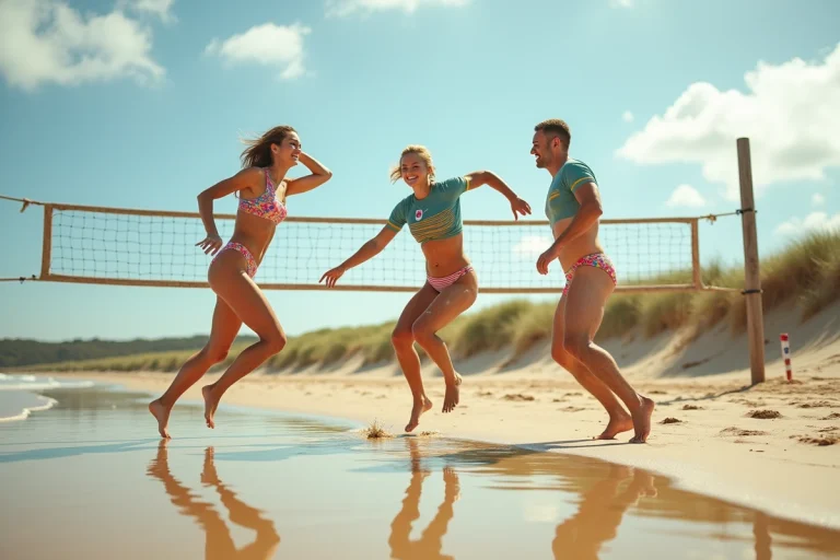 Groupe de jeunes adultes jouant au beach-volley sur la plage du Trottel en été