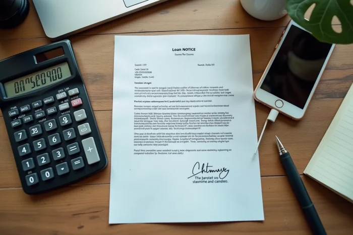 Vue en plongée d'un bureau avec une lettre d'impayé, une calculatrice et un smartphone affichant un appel manqué de banque