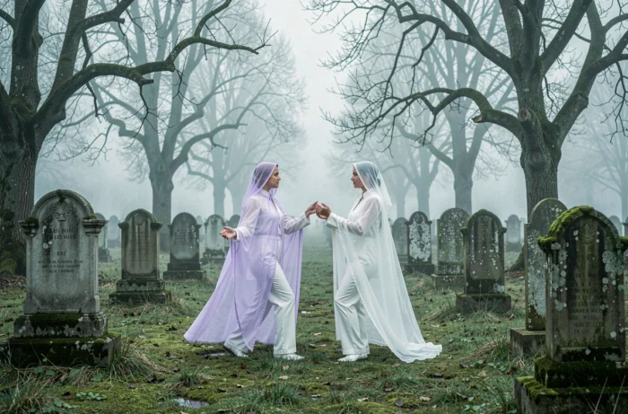 Deux femmes en capes d'organza translucides blanc et lavande dans un cimetière brumeux ancien, alliance entre haute mode éthérée et atmosphère paranormale mystérieuse