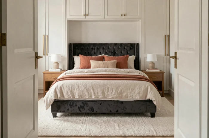 Chambre à coucher élégante avec tête de lit en velours anthracite, literie en lin terracotta et tables de nuit en chêne