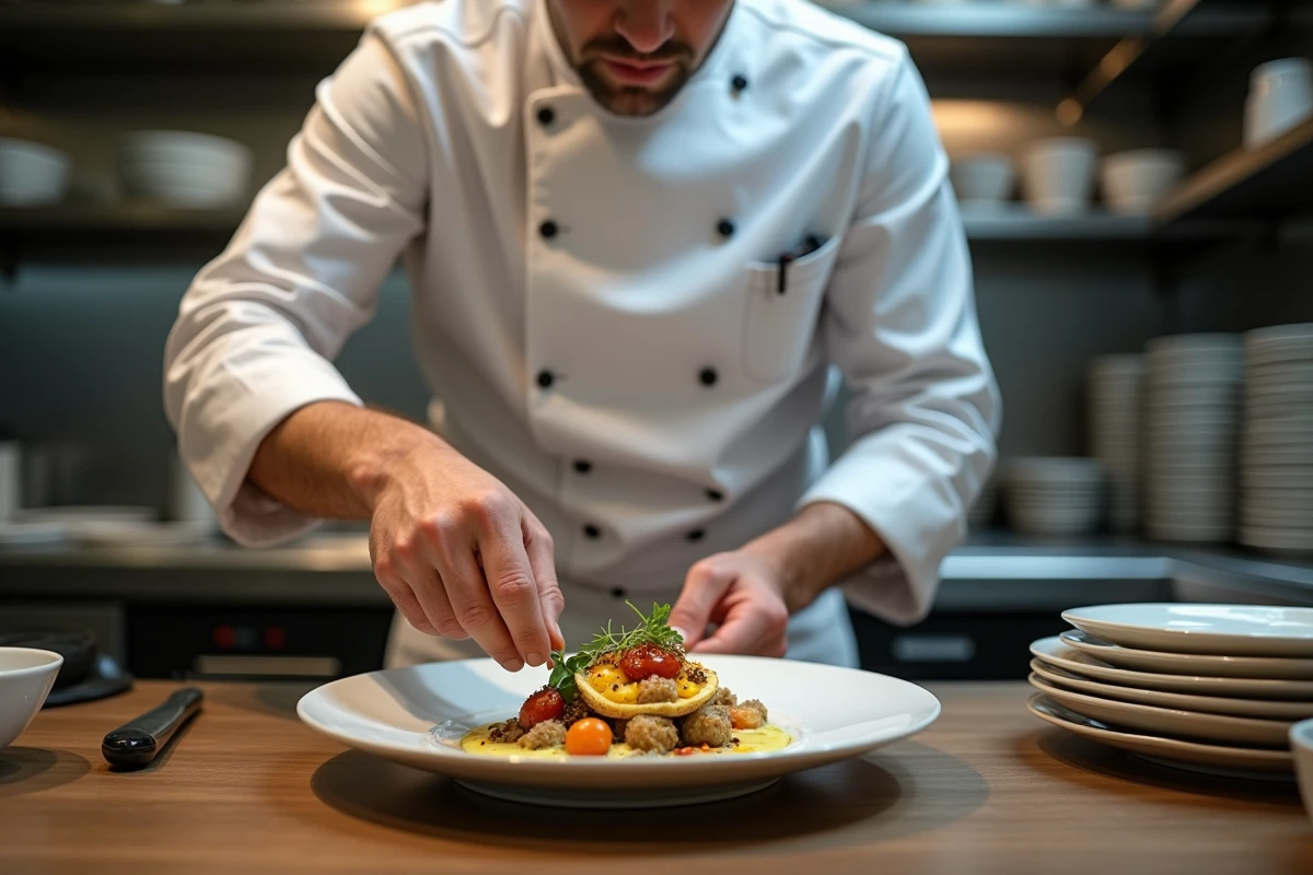 Chef en cuisine dressant un plat moderne et coloré