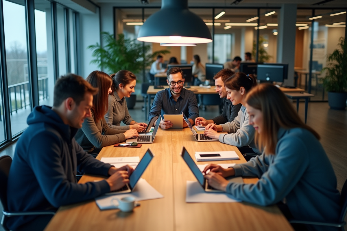 Groupe de collègues utilisant diverses applications de messagerie
