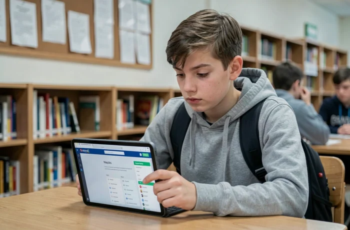 Collégien consultant son carnet de liaison numérique et les notes scolaires sur tablette dans une bibliothèque