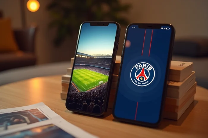 Deux iPhones côte à côte sur une table en bois affichant différents fonds d'écran PSG 4K dont le Parc des Princes et le logo du club