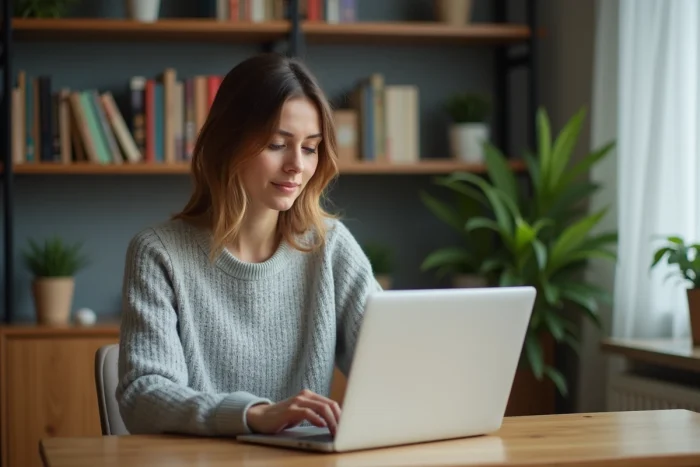 Jeune femme tapant un message de contact à un blogueur sur son ordinateur portable dans un bureau à domicile moderne