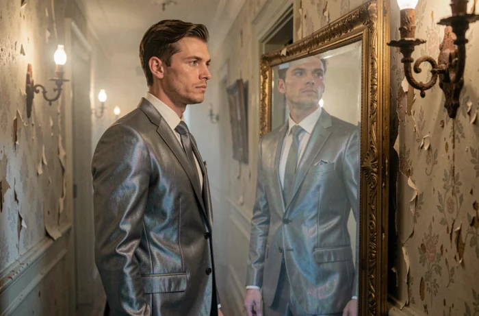 Homme en costume iridescent face à un miroir ancien dans un manoir victorien brumeux, explorant la mode paranormale et les reflets mystérieux