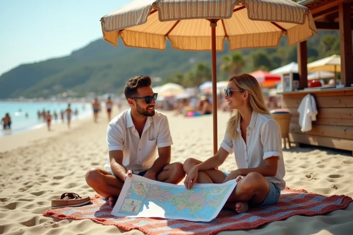Couple consultant une carte des activités estivales assis sur un tapis de plage au Trottel