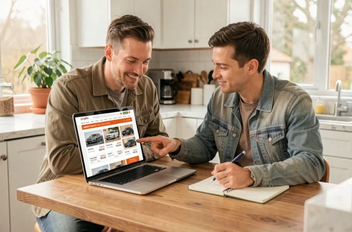 Un couple compare les prix de voitures en ligne sur un ordinateur portable depuis leur cuisine pour trouver la meilleure période d'achat