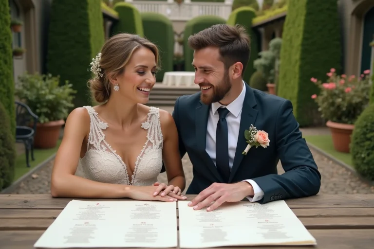 Jeune couple riant dans un jardin pour un mariage