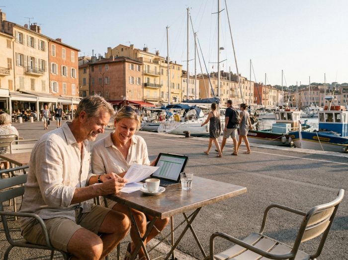 Couple de voyageurs planifiant leur itinéraire de croisière économique dans un port méditerranéen
