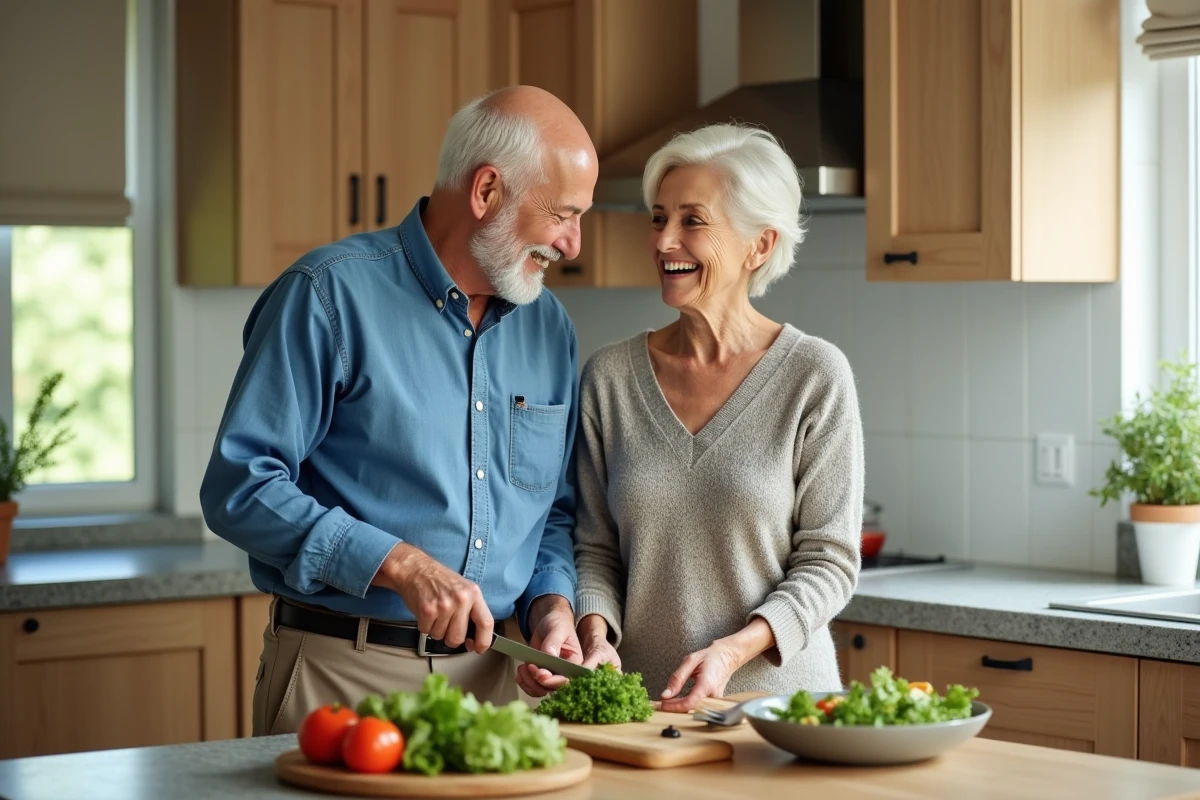 Couple agee préparant une salade dans la cuisine lumineuse