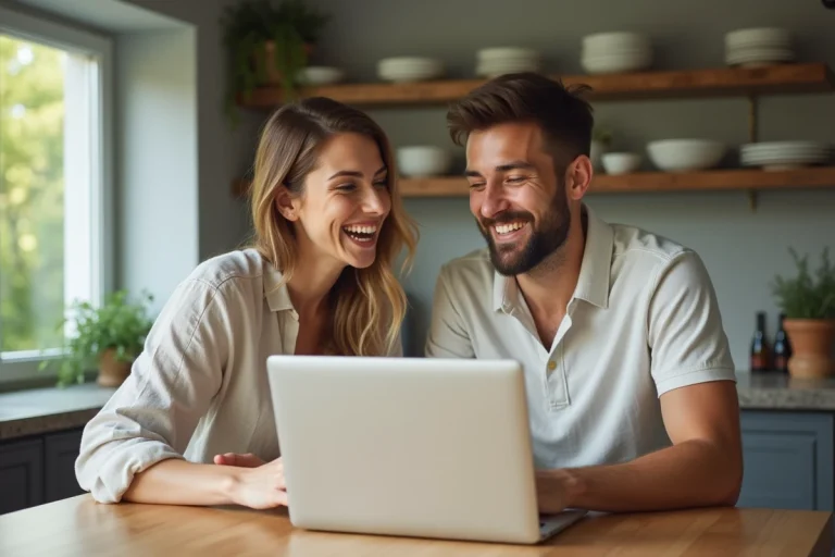 Couple souriant devant un ordinateur dans une cuisine moderne