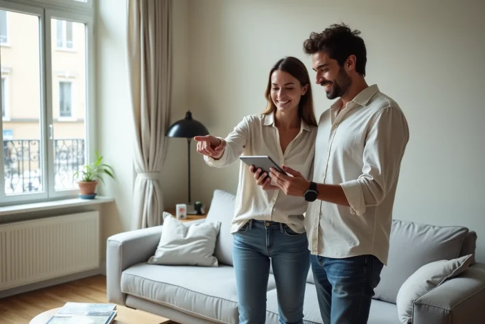 Couple utilisant une tablette pour rechercher un logement Airbnb payable avec des chèques vacances ANCV