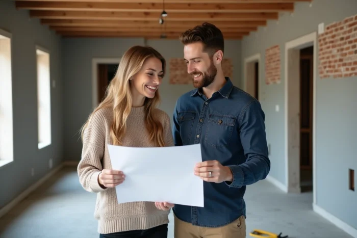 Couple de futurs propriétaires visitant le chantier de leur maison sur-mesure en construction