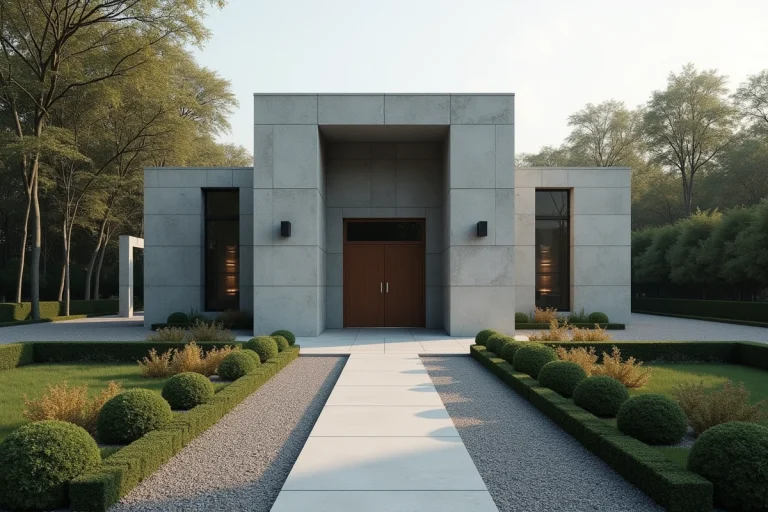 Façade extérieure d'un crématorium moderne entouré d'un jardin paisible avec haies taillées et allées de gravier