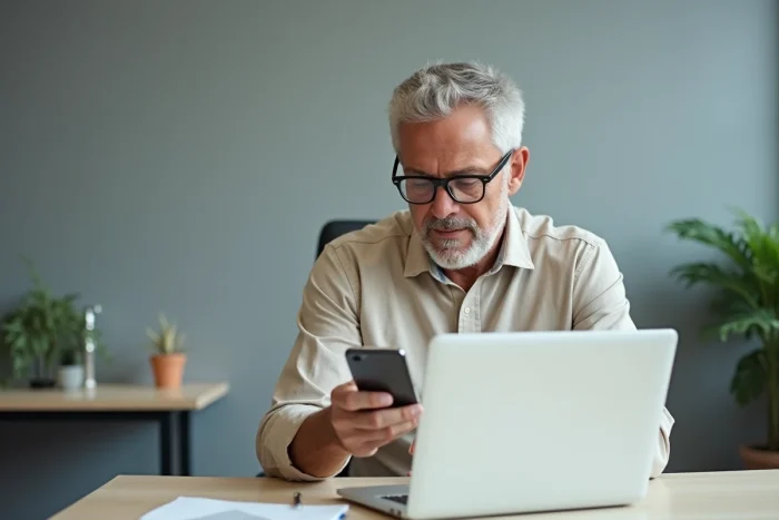 Homme âgé utilisant un smartphone pour recevoir un code de vérification afin de débloquer son compte email Wanadoo