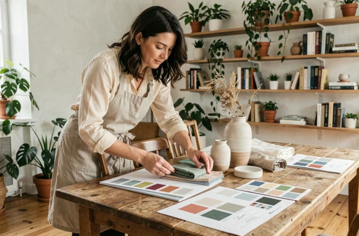 Femme décoratrice d'intérieur arrangeant des échantillons de couleurs et des vases en céramique sur une table en bois dans un salon scandinave