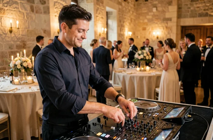DJ professionnel derrière sa table de mixage lors d'une réception de mariage élégante à Angers