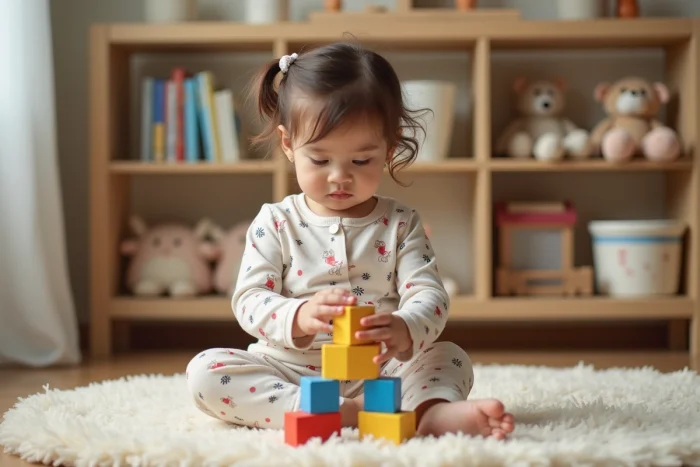 Petite fille en pyjama joue avec des blocs en bois colorés