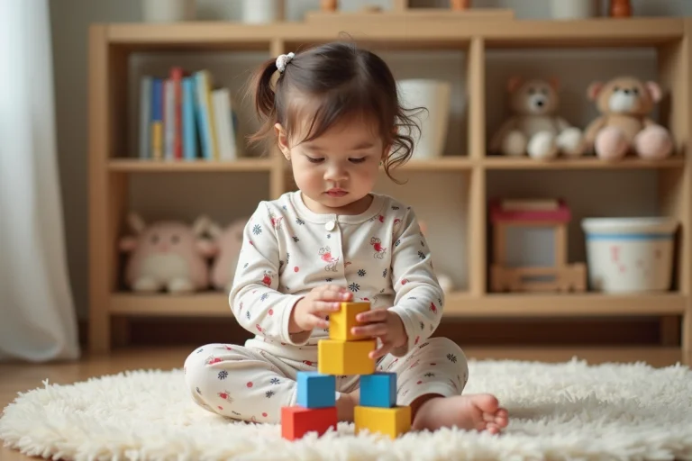 Petite fille en pyjama joue avec des blocs en bois colorés