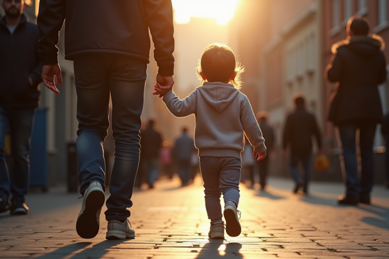 Enfant tenant la main d'un parent célèbre devant les paparazzis