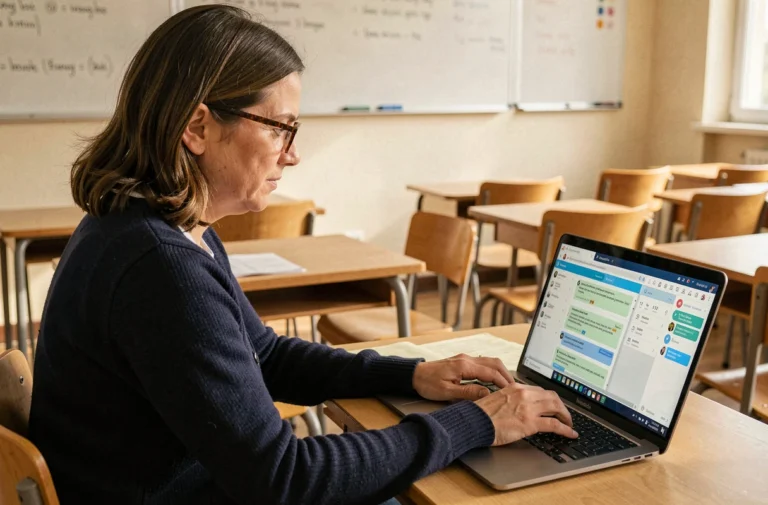 Enseignante utilisant une plateforme ENT sur ordinateur portable pour gérer les messages et le carnet de liaison en classe