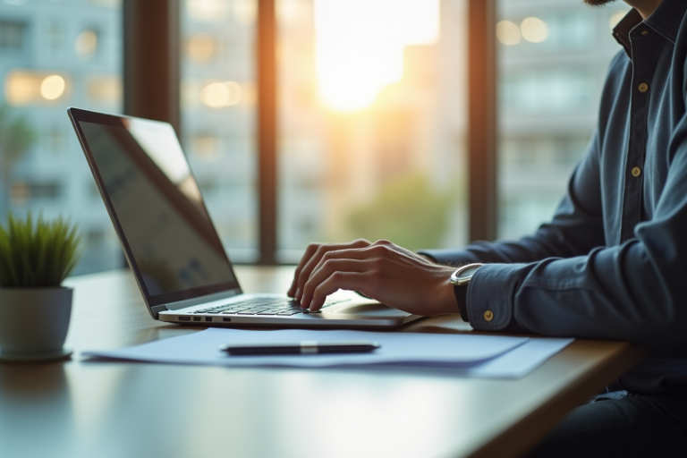 Personne configurant un email professionnel sur un ordinateur lumineux