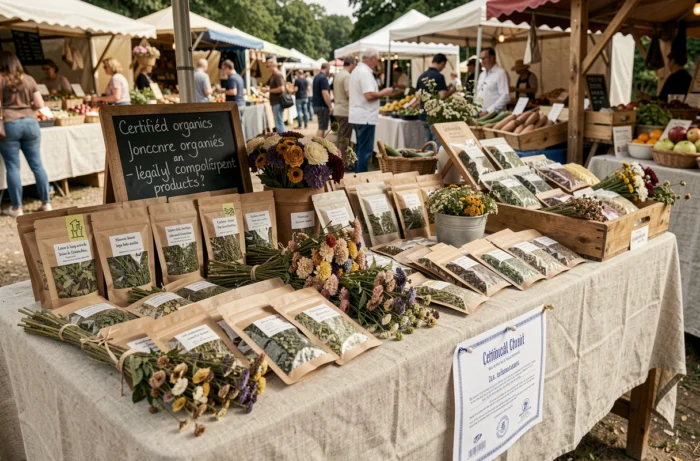 Étal de marché en plein air proposant des plantes médicinales certifiées et conformes à la réglementation française