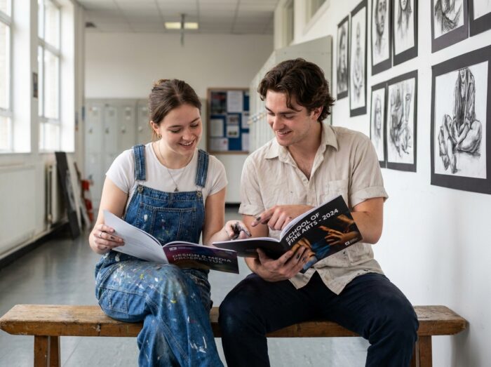 Deux étudiants comparant des prospectus de prépas dessin dans un couloir d'école d'art
