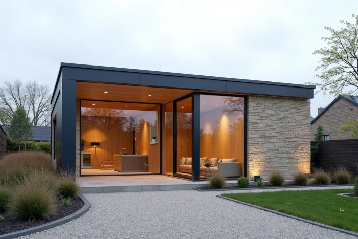 Façade d'une maison individuelle contemporaine sur-mesure avec pierre naturelle et grandes baies vitrées