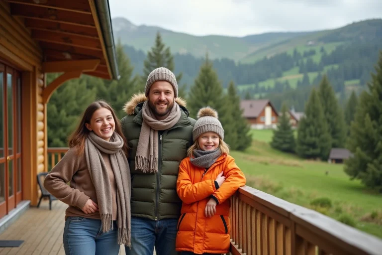Famille souriante devant un ecolodge en pleine nature