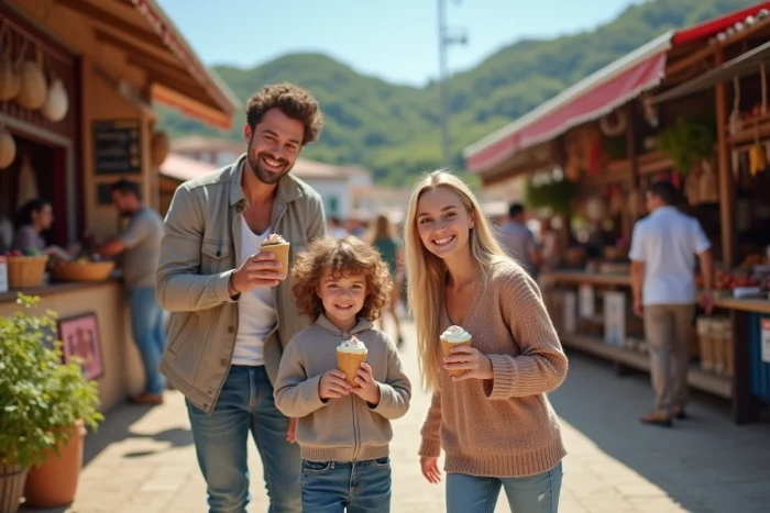 Famille souriante au marché basque à Dancharia