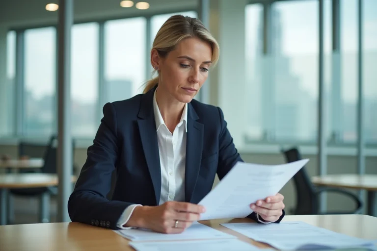 Femme d'affaires française examinant le formulaire P2000 dans un bureau moderne