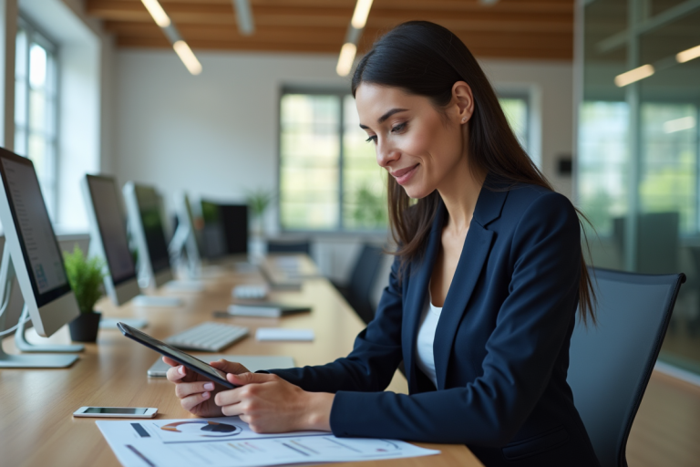 Femme d'affaires en costume bleu regardant un rapport digital