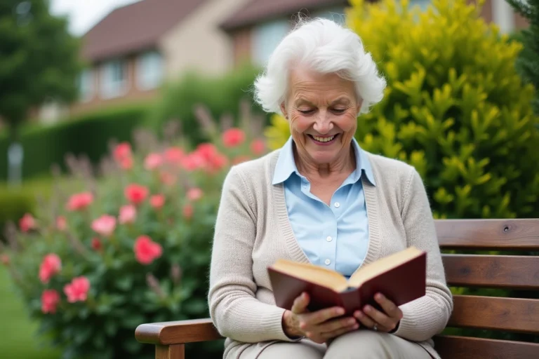Femme agee souriante lisant dans un jardin paisible