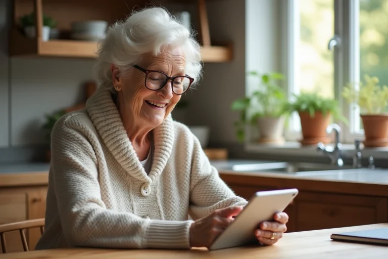Femme agee utilisant une tablette dans la cuisine lumineuse