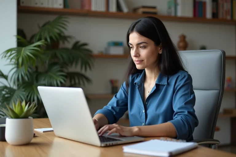 Femme au bureau utilisant un ordinateur pour TLScontact