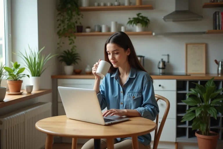 Jeune femme au café travaillant sur son ordinateur
